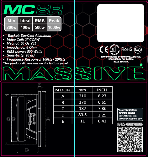 MC8R - 8" 500 Watt RMS 8 Ohm Mid-Range Speaker Cast Basket