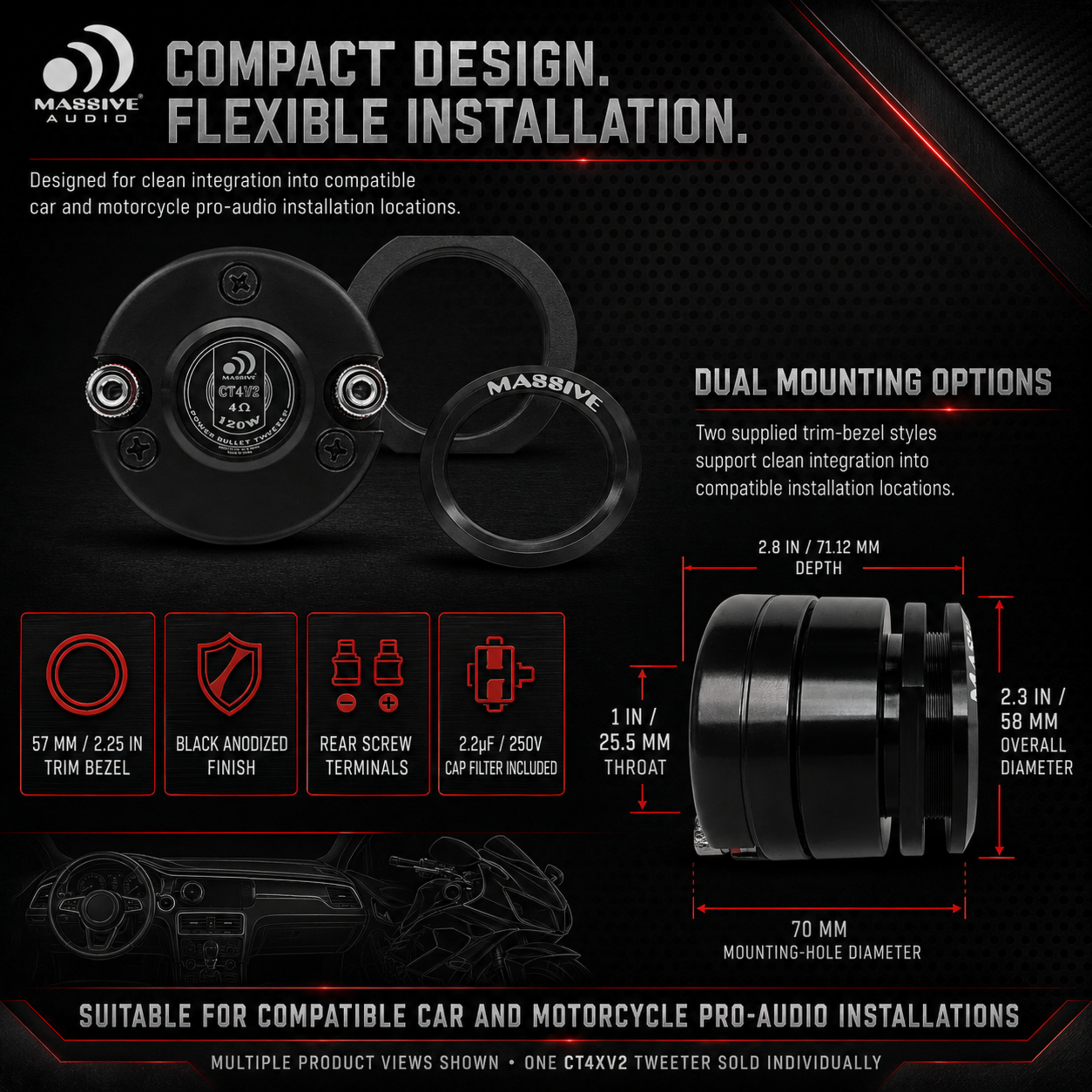 CT4XV2 - 4 Ohm 25mm Power Bullet Titanium Tweeter AMS Rated