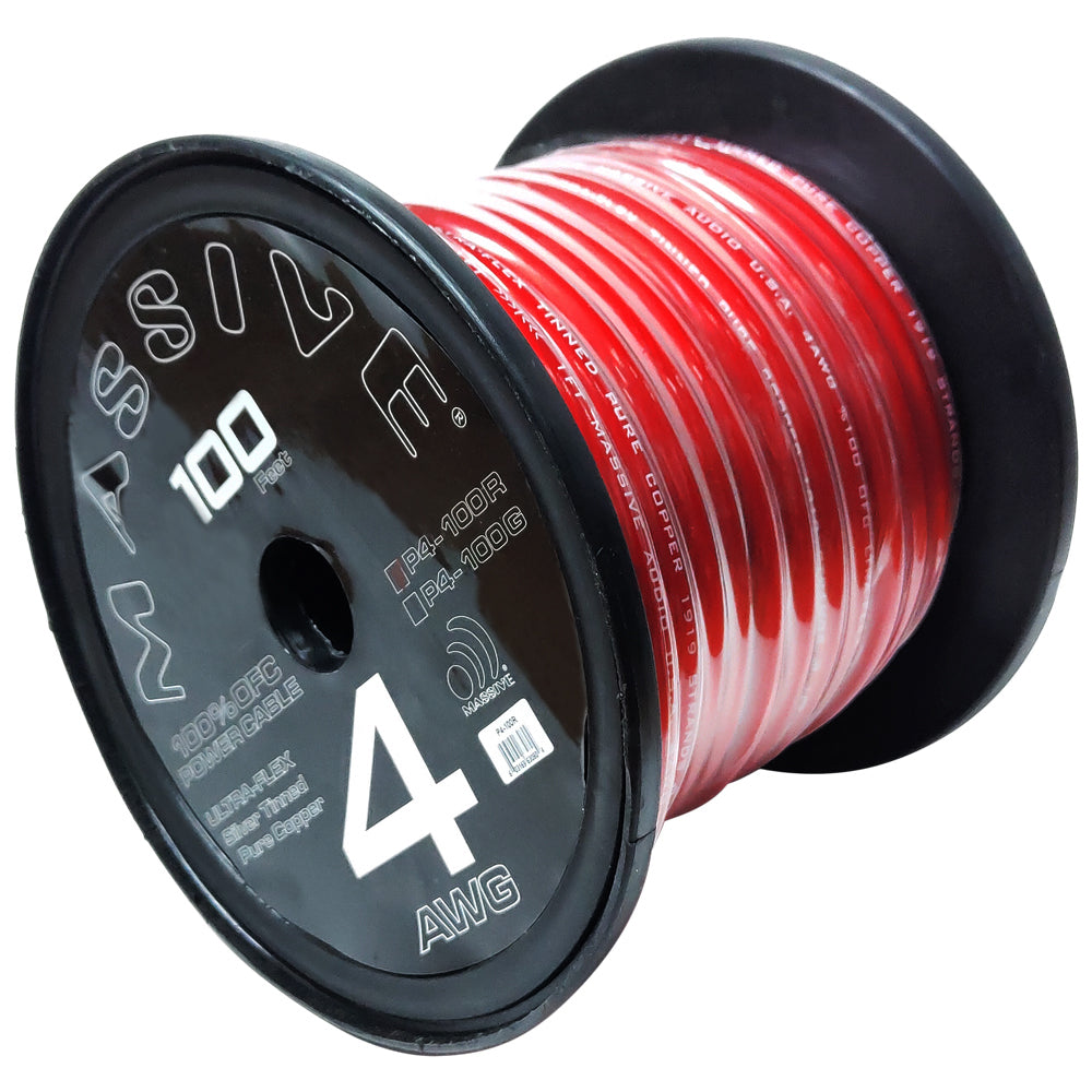 P4-100R - 4 AWG 100 Foot Red 100% Copper Oxygen Free Silver Tinned Twisted Spool Wire